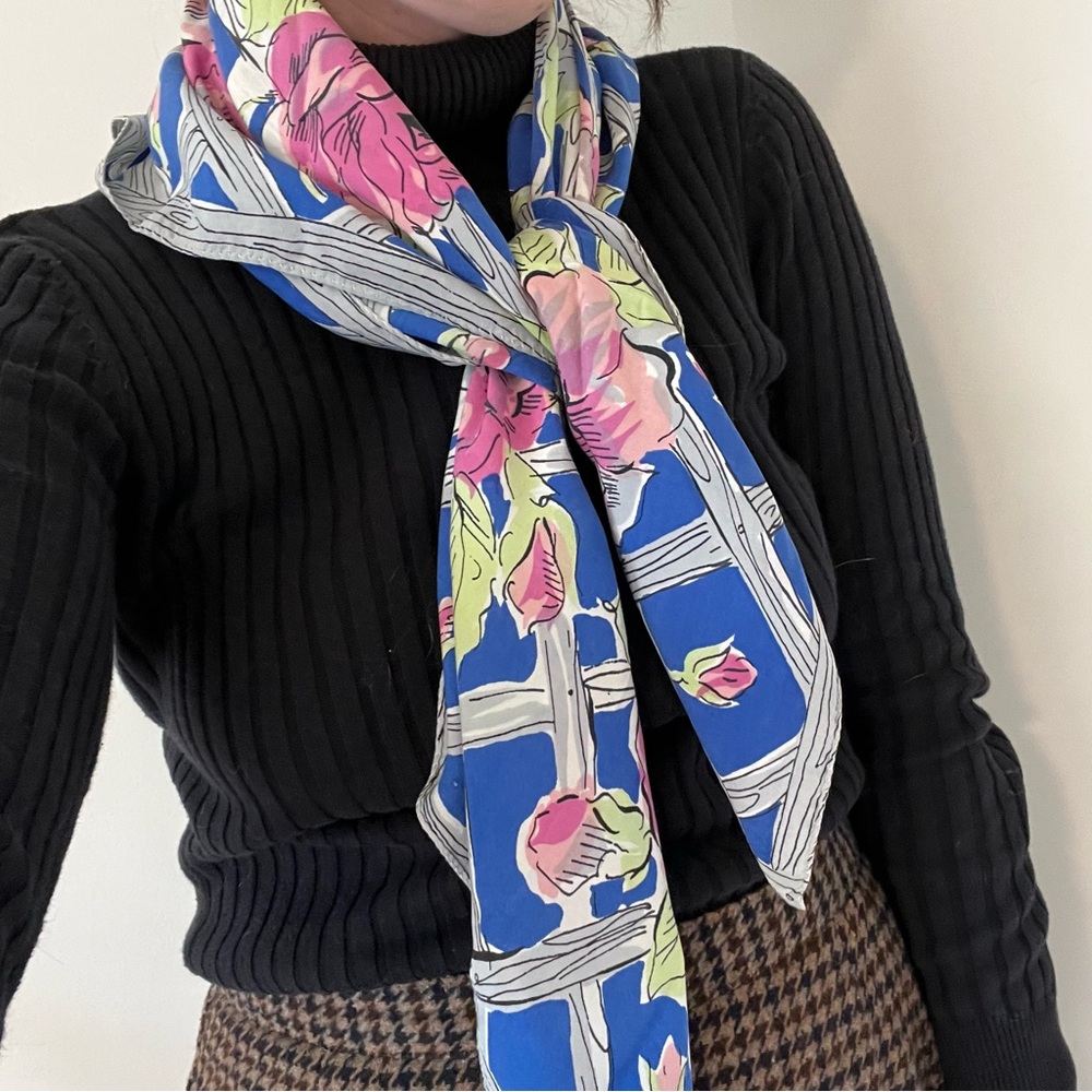 Glentex 100% Pure Silk 1950-60s Vintage Floral Large Wrap Scarf - Blue Pink
